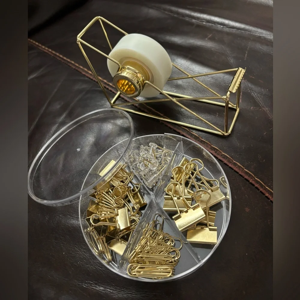 Gold Stationery Set Paper Clips, Push Pins, Binder Clips and Tape Dispenser